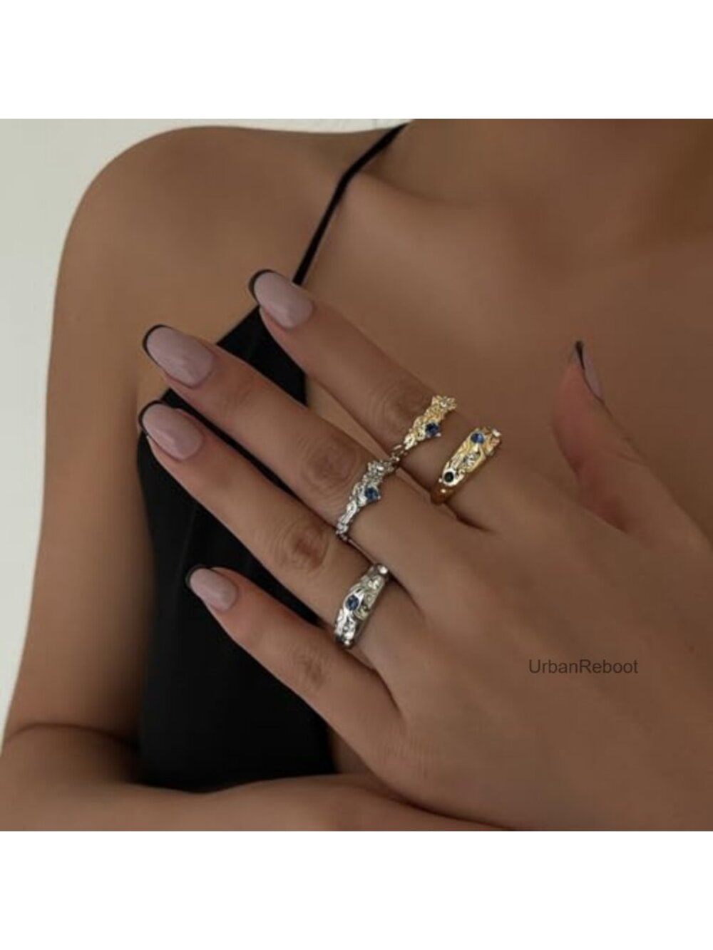 Chunky Stackable Hammered Open Ring Set Adjustable Statement Rings - Picture 3 of 6